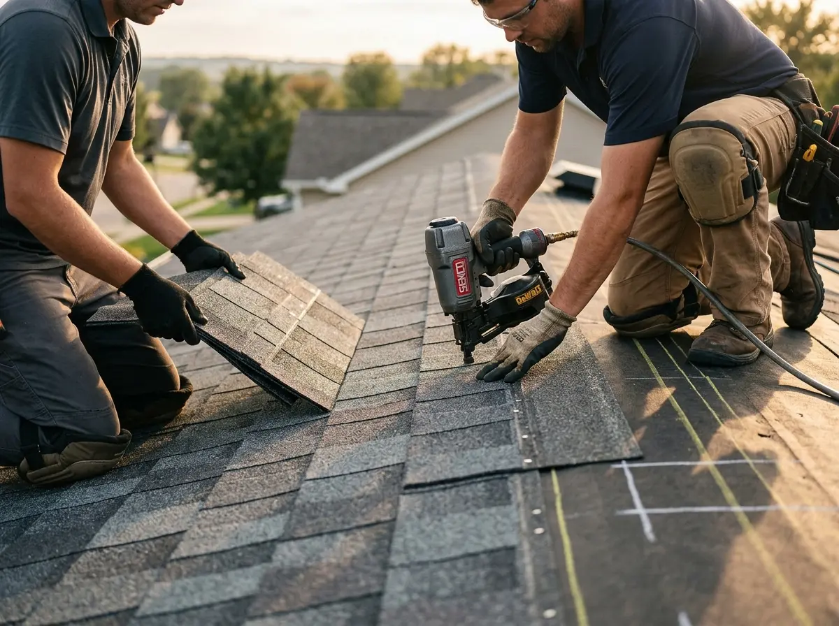 Professional roofer working on a residential roof in Vista